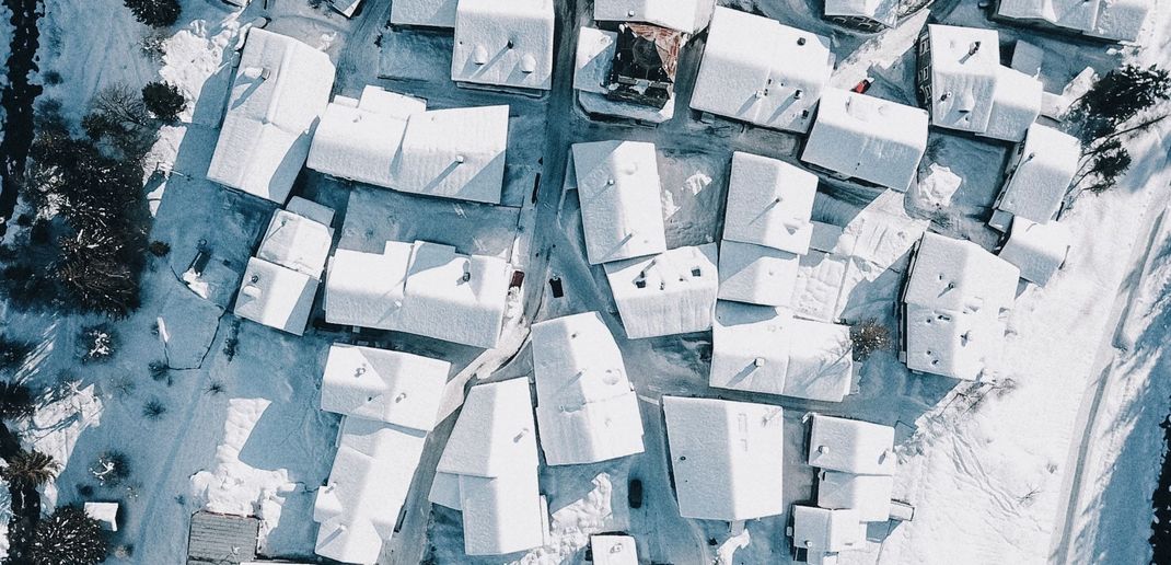 Drone view of snowy town