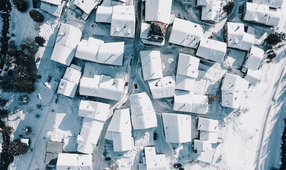 Drone view of snowy town